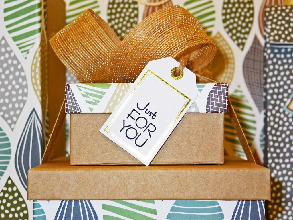Stacked presents with 'just for you' label